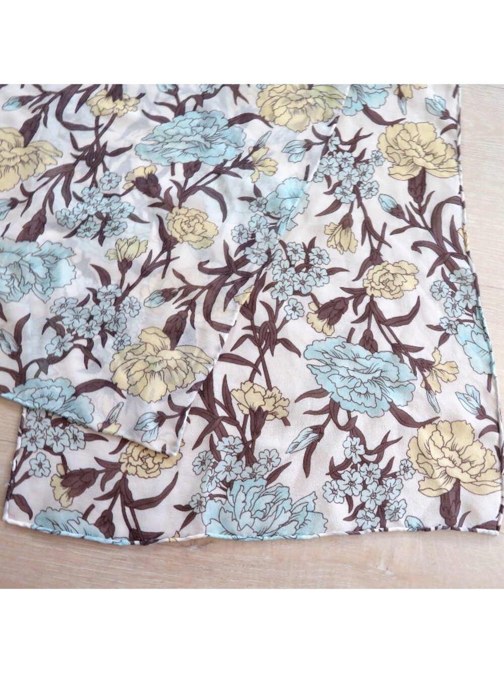 Vintage Silk Floral Hand-Rolled Scarf 13"x52" Yellow Blue Brown Lightweight